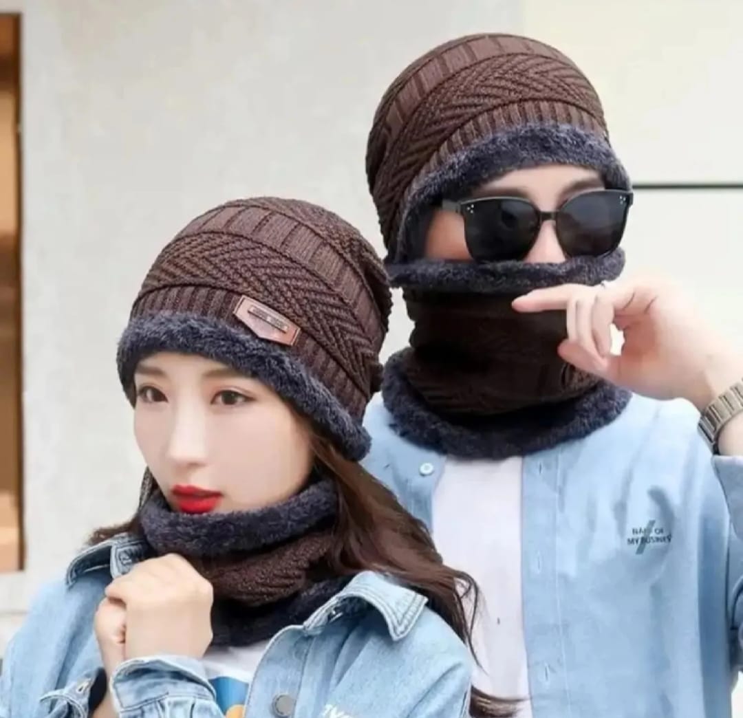 Pack of 2 Pices Chinese Cap and Muffler Set with inside Furr ( New Winter Woolen Cap And "' Neck Warmer ) For Unisex