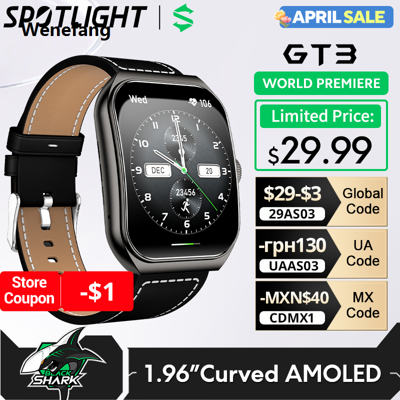 Wenefang [World Premiere]Global Version BLACKSHARK GT3 Smart Watch 1.96'' New Curved Amoled Display Support Bluetooth Call 100+ Sport Modes