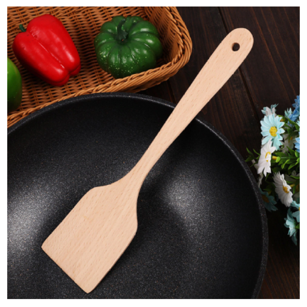 Natural Wooden Long Handled Non Sticky Flat Cooking Spoon Healthy Kitchen Utensils