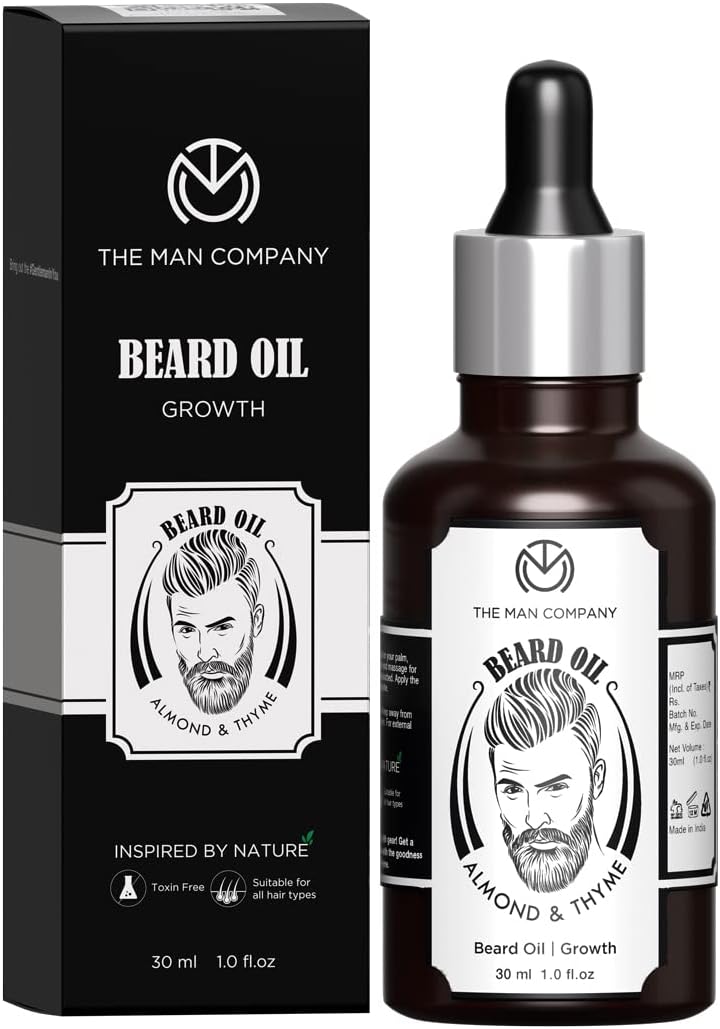 The Man Company Beard Oil for Growing Faster With Almond & Thyme - 100% Natural Growth Oil for Men, Nourishes & Strengthens Uneven Patchy Beard - 30ML