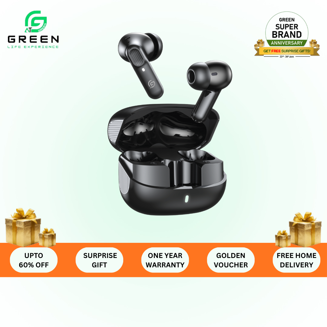 Green Airbeat-520 Dual Mic ENC Earbuds | Modern Sleek Design With Textured Lines For Premium Feel | 30 Hours Of Playtime | IPX4 Rated | Dual Mic | 6 Hours Of Single Playtime | 13mm Driver | Type-c Charging | Wireless Version 5.4 | 6 Months Warranty