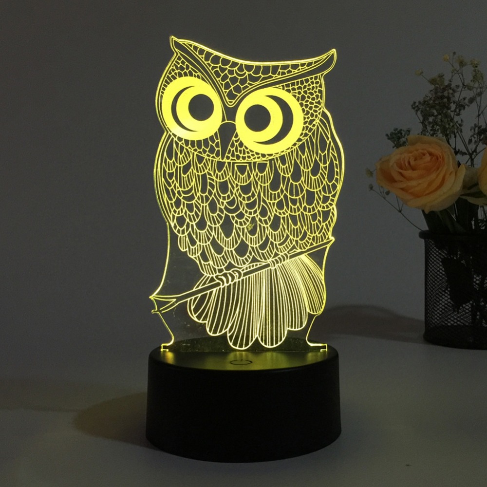 NEW 【Innovative design】Owl Shape 3D Lamp LED Night Light 7 Colors Changing Desk Table Lamp Halloween Present Gift Decor