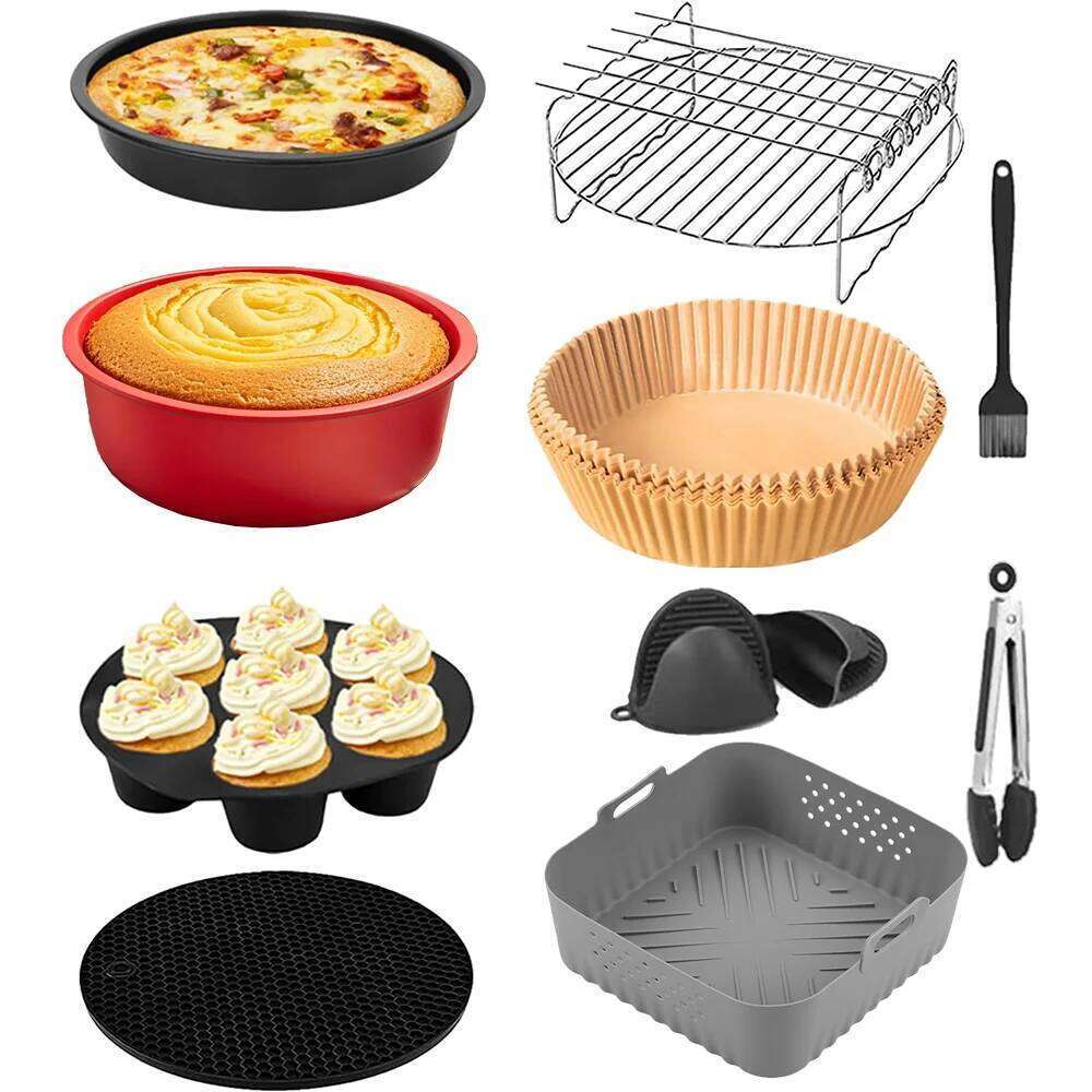 Air Mold Set Inculde 23cm Silicone Basket,Cake Mold,Air Fryer Paper for Philips,Cosori,Cecotec,Innsky 5.5-6.4L