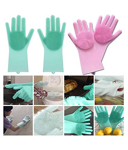 Magic Silicone Gloves with Wash Scrubber, Reusable Wash Gloves for Dishwashing, Household, Bathroom, Washing the Car, Pet Hair Care..