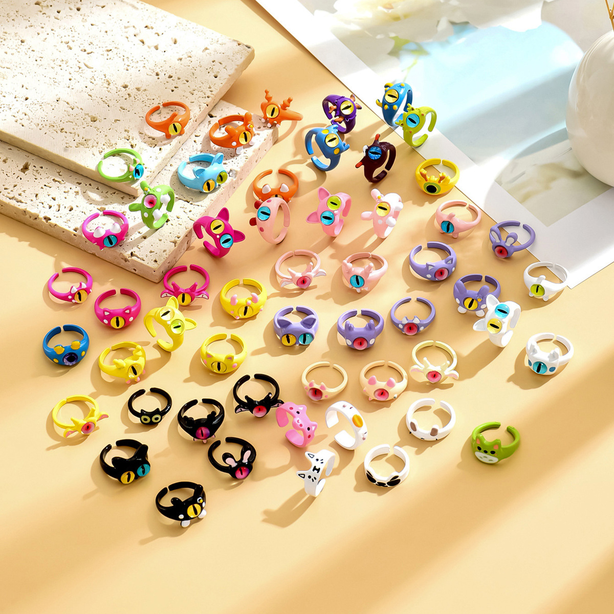 【Mega Sale】Cute Little Monster Cat 2024 New Style Ring Women's Dopamine Jewelry Big Eye Boy Ring Tail Ring for