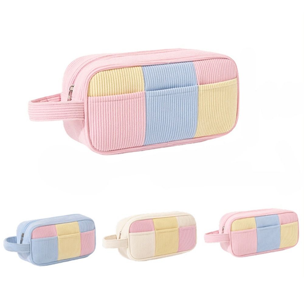 Cosmetics Organizer Cartoon Women's Cosmetic Bag Large Capacity Corduroy Plush Striped Makeup Bag Handheld Lightweight Contrast Toiletry Organizer Stationery Storage