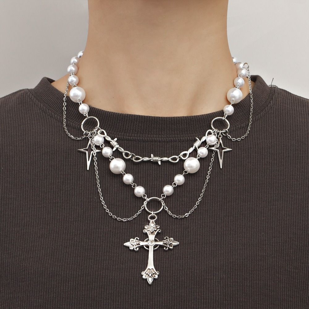 Fairy Core Handmade Cross Rosary Necklace Charm Y2K Style Pearl Beaded Choker Punk Layered Chain Necklace Girl Gifts