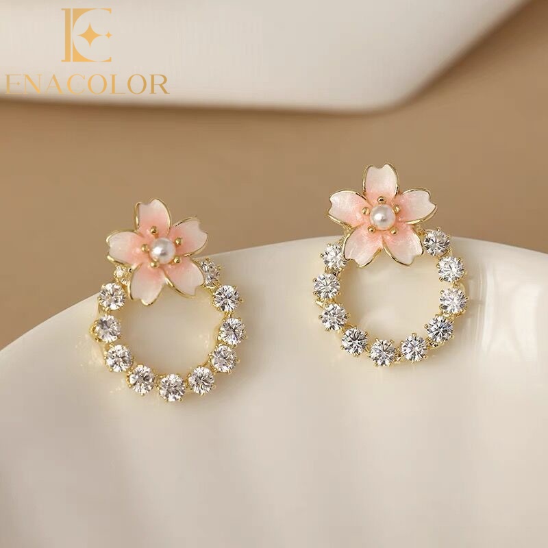Enacolor S925 Silver Needle Cute Sakura Cherry Blossom Flower Stud Earrings for Women Girl Ins Accessories 2023 New