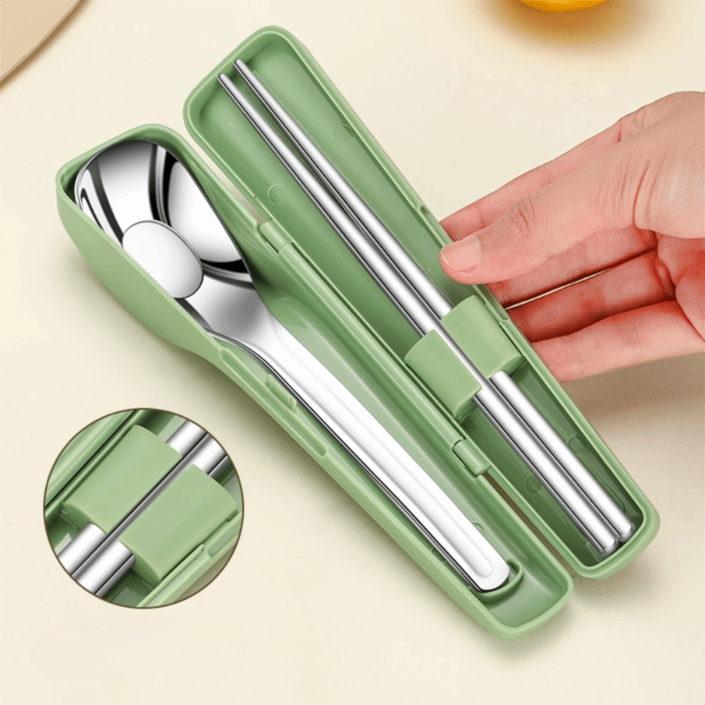 2Pcs/Set Dinnerware 304 Stainless Steel Japanese Tableware Set with Buckle Anti-sway Travel Cutlery Set Silent with Storage Box Spoon Chopsticks Set Outdoor