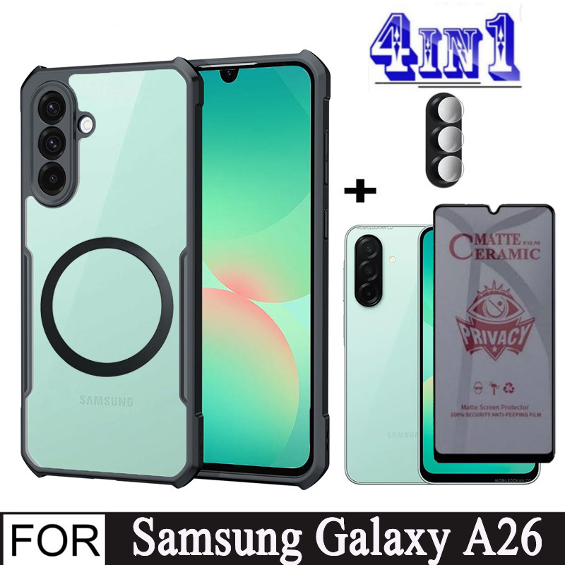 Samsung Galaxy A26 4in1 Case Magnetic Sticker Shockproof Phone Case for Samsung A36 A56 A16 A06 Anti Spy Soft Ceramic Tempered Glass Film