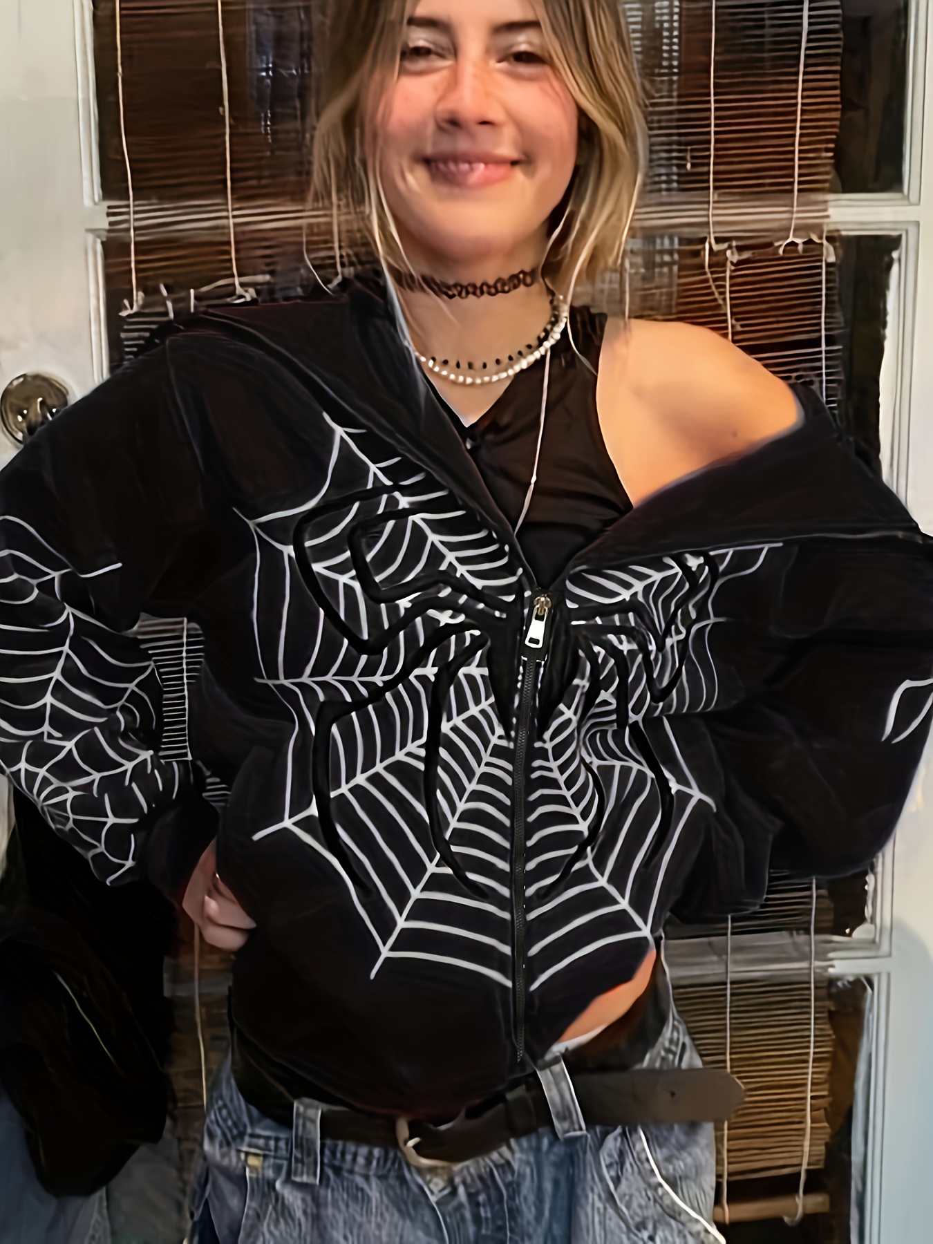 HOT 2024 Cross Border Spider Web Zipper Sweater Women's Casual Trendy Hoodie Spring and Autumn Fleece American Coat