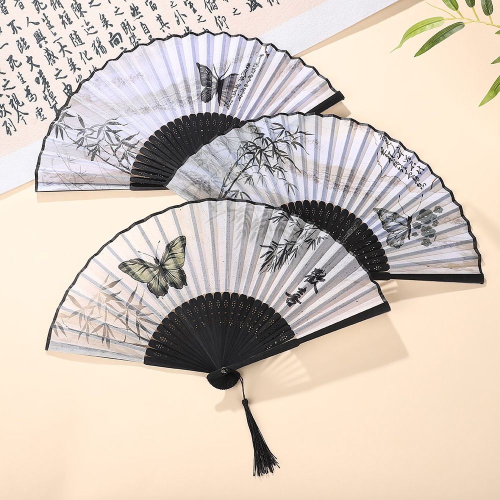Elegant Retro Folding Butterfly Fan Portable Bamboo Dancing Fan Chinese Style with Tassels Handheld Fan Home Decor