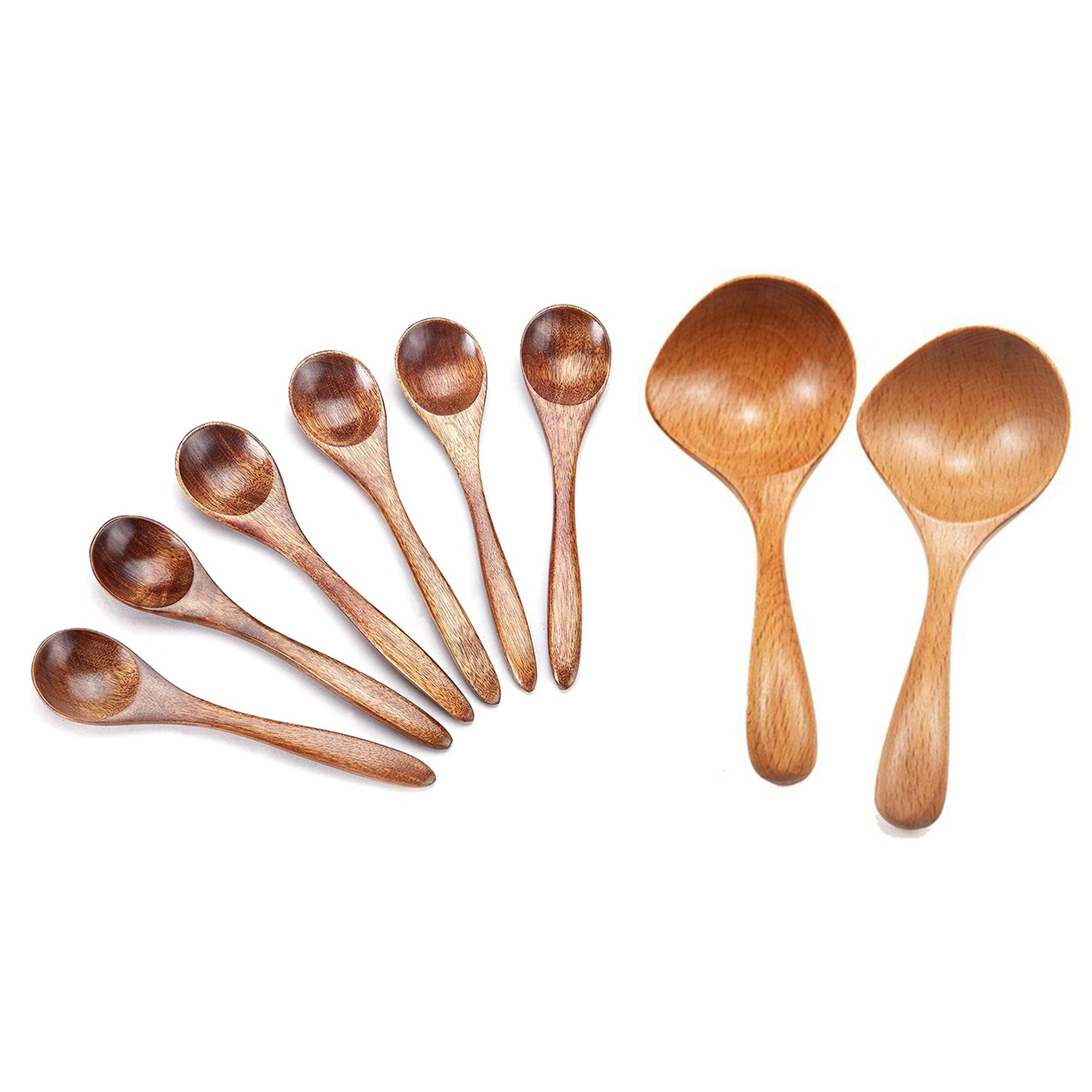 NAMUNY 6X Small Wooden Spoons & 2 Pcs Wooden Soup Ladle Long Handle Large Spoon Wood Scoop Kitchen Serving Spoon
