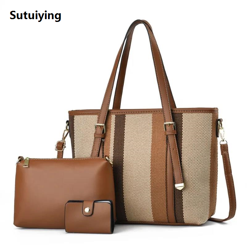 Sutuiying 3 Piece Sets Fashion Striped Women Bag New Ladies Handbags Large 2025 Capacity Tote Bags for Women Shoulder Bag Purses and Handbags