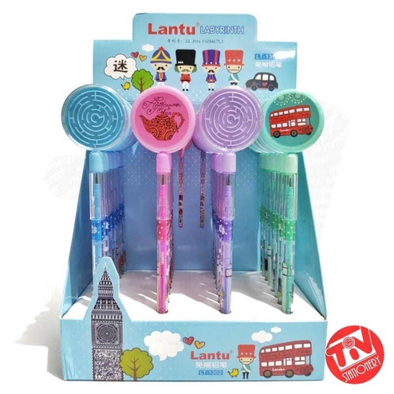Non-Sharpening Non-Toxic Push-Up Stacking Pencil With Maze Game On Cap For Kids 4 Pcs Set