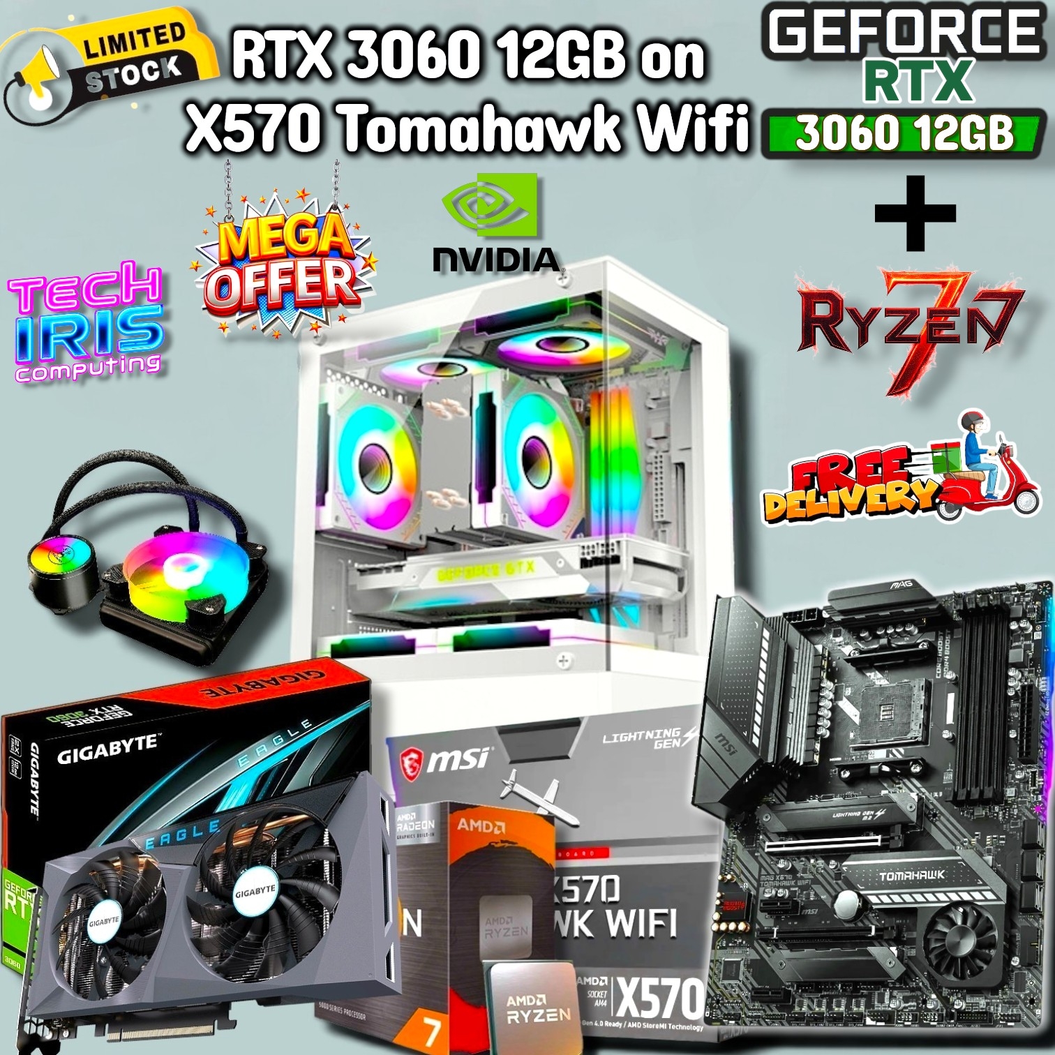 RTX 3060 12GB On X570 Tomahawk Wifi Motherboard Pairs Ryzen 7 5700X Processor, 16GB DDR4 RAM, 512GB Nvme SSD Liquid Coolled Gaming PC Setup.
