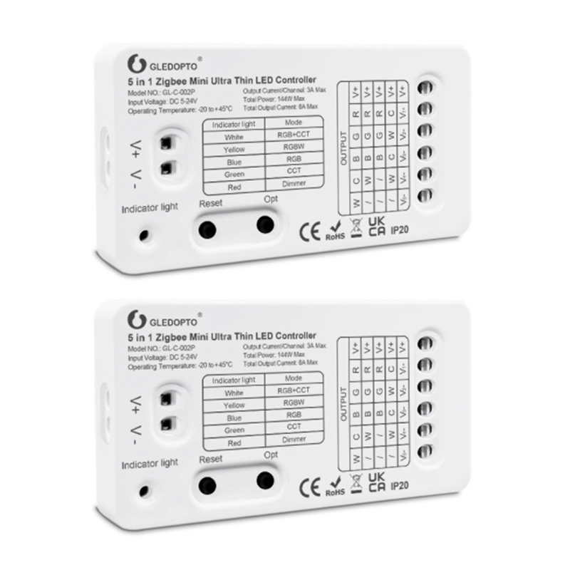 fasdaga 2X Zigbee 3.0 DC5-24V Mini 5 in 1 RGBCCT/RGBW/RGB/CCT/Dimmer LED Light Strip Controller