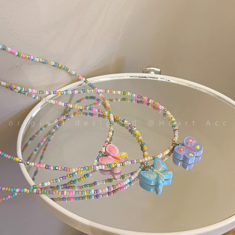 【Mega Sale】Summer Dopamine Beaded Butterfly Necklace Female Sweet Cute Girl Heart Clavicle Simple All-match Necklace