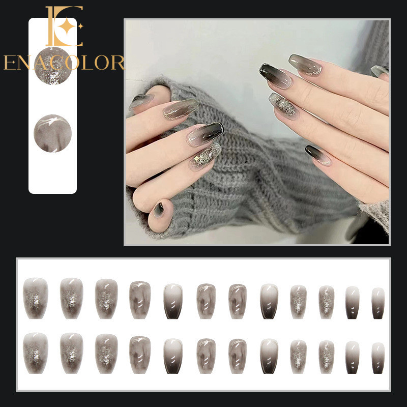 24Pcs Dark Black Cool Girl New Fake Nails with Glue DIY Art Design False Nails Wearable Nails Stylish Pattern Artificial Nails
