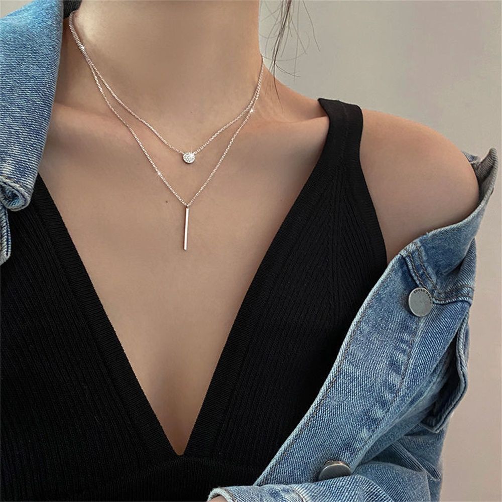 Alloy Round Shiny Rose gold Full Zircon 925 Sterling Silver Double Layer Necklace Long Pendant Clavicle Chain