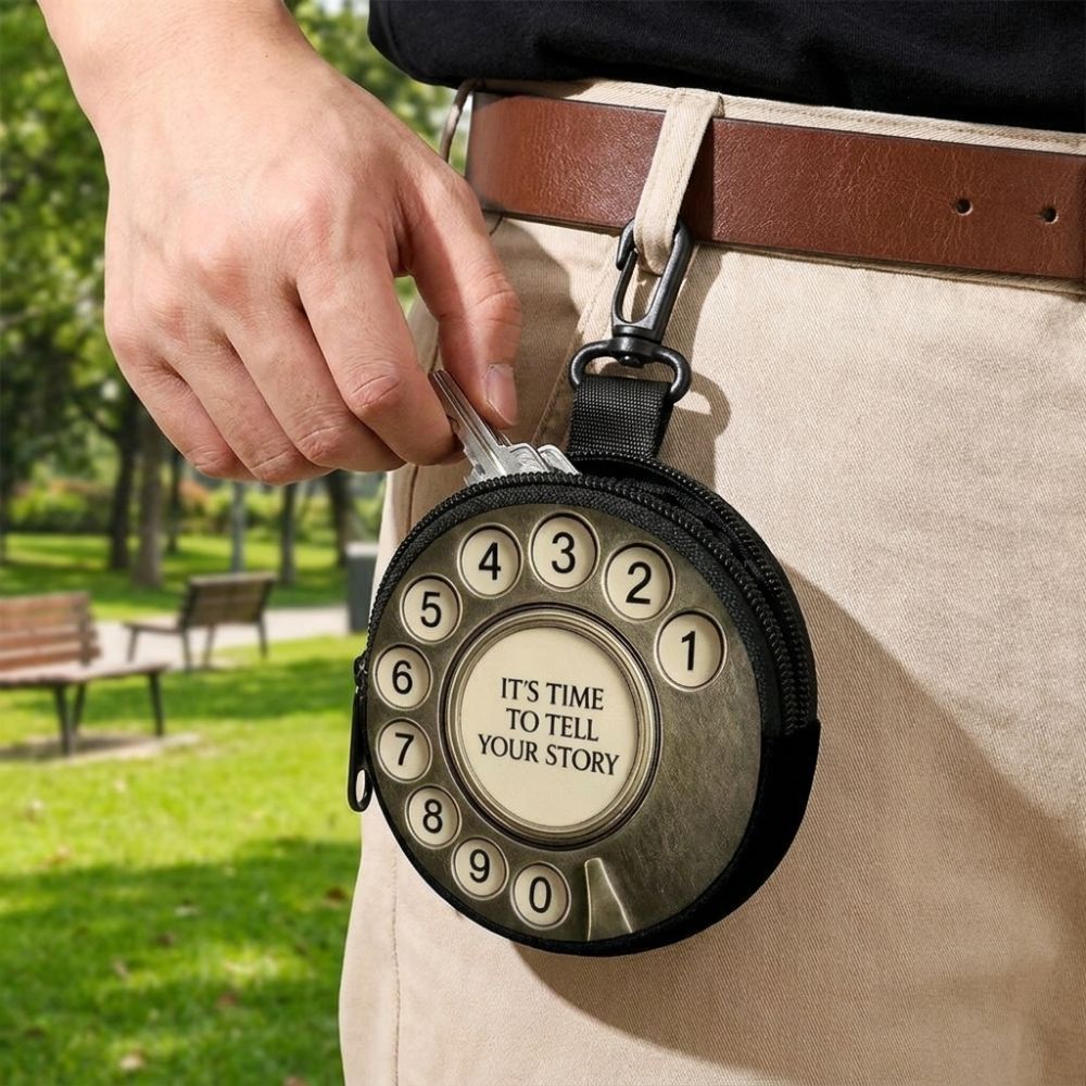 Portable Vintage Rotary Phone Coin Purse Old Rotary Dial Print Faux Mini Coin Purse Zipper Closure with Carabiner Clip Keys Bag Outdoor Use