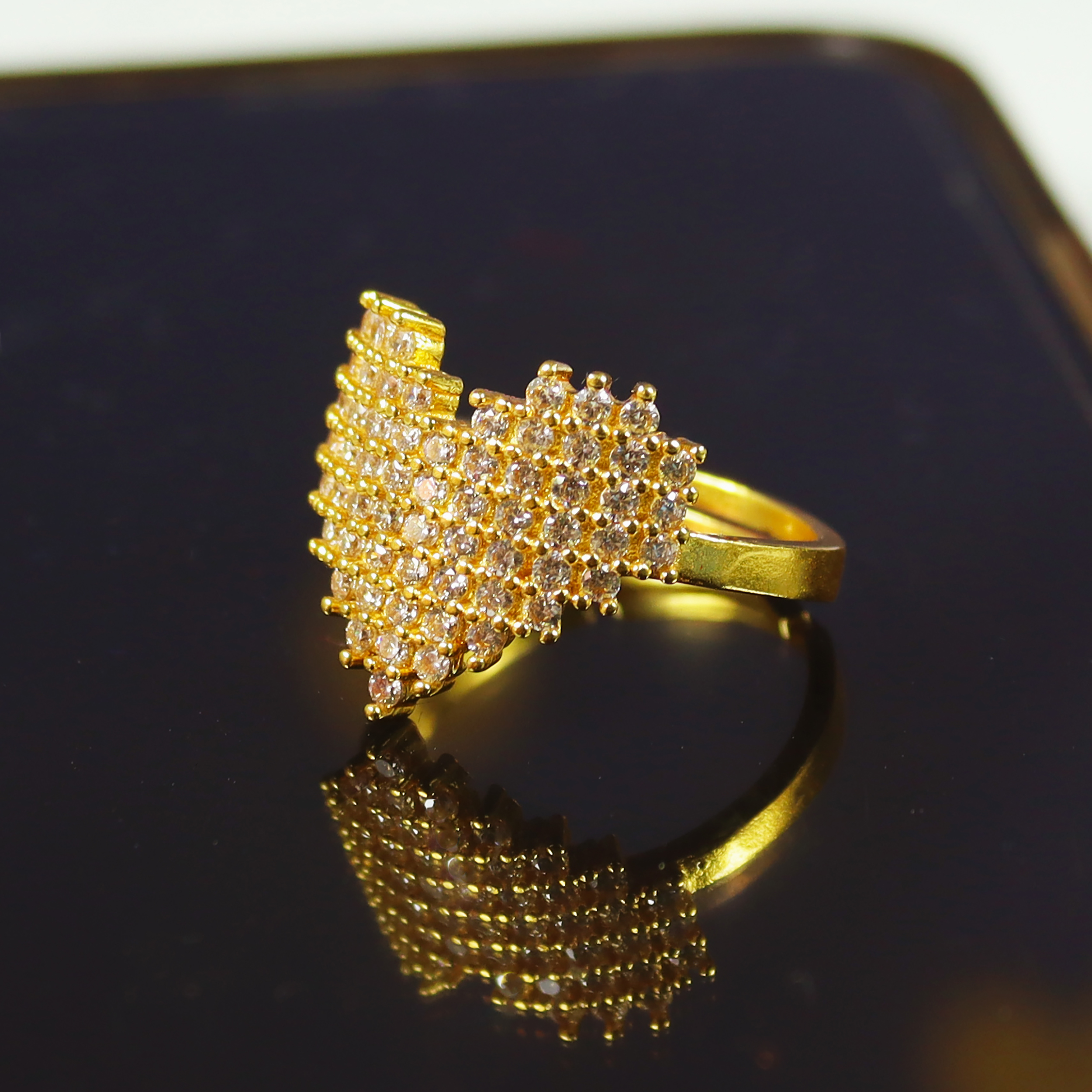 Crystal Beauty Gold Plated Panchadhatu Free Size Heart Shaped Ring White Stones For Women