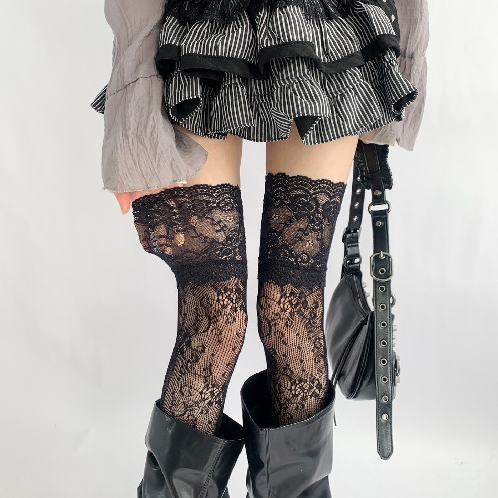 Sweet Floral Lace Trim Stockings Elastic Breathable Fishnet Stockings Mesh Thin Thigh High Long Socks Girl