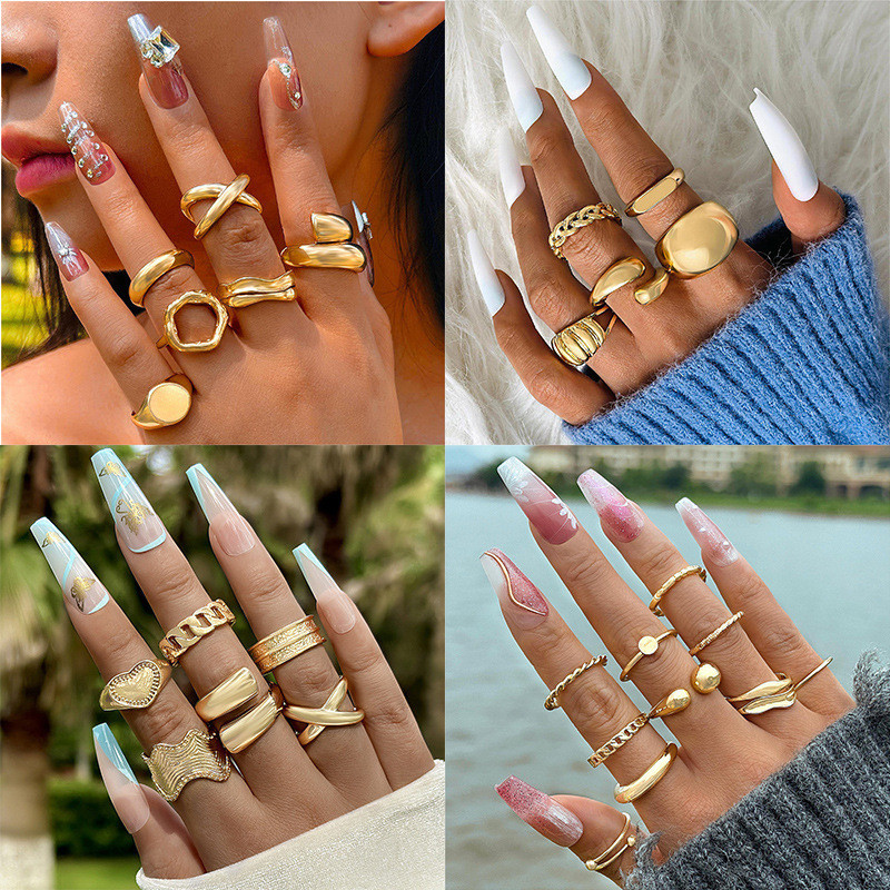 Enacolor Elegant Metal Exaggerated Geometric Arcs Open Rings Set Accessories Knuckle Ring Set Jewelry