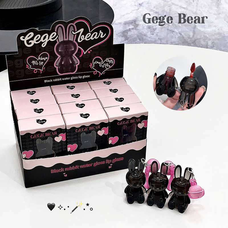 GEGE BEAR High Pigment Lip Glaze | Long Lasting Mirror Water Gloss Lip Stain | Black Mirror Rabbit Cute Packaging | Glossy Plumping Lip Gloss | Waterproof Non-Stick Lip Makeup for Women & Girls