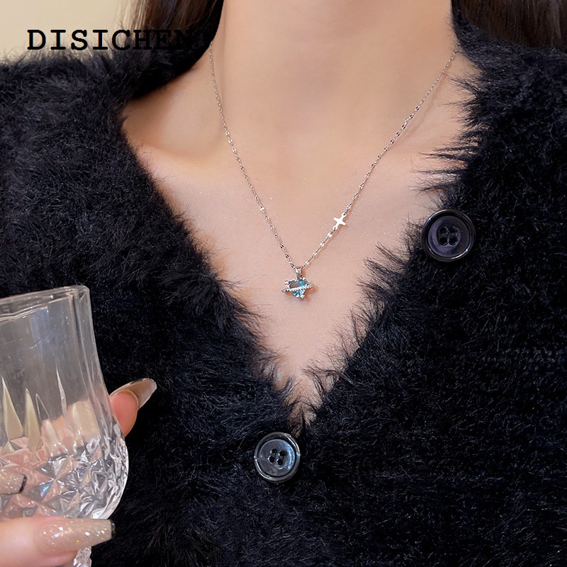 DISICHEN 2025 New Korean Fashion Vintage Blue Crystal Pendant Silver Color Cosmic Star Chain Neck Necklace for Women Wedding Aesthetic Jewelry