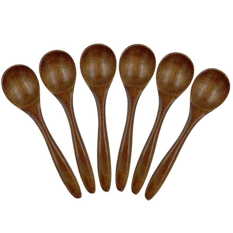 NAMUNY 6 PCS 5.3 Inch Natural Soup Spoons Bamboo Wood Spoon & 6 Pcs Wooden Coffee Spoon Long Handle Wooden Mixing Spoon