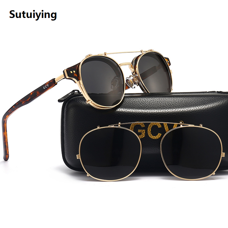 Sutuiying GCV Double Layer Removable Lens Sunglasses The Blu-Ray Glasses Original Acetate Gothic Retro Steampunk Polarized Men Women Sunglesses