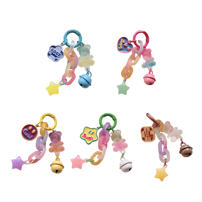 1PC Cute Cartoon Candy Colored Bear Pendant Keychains With Heart Tag Keyrings Small Bell Ornament Car Trinket CF8