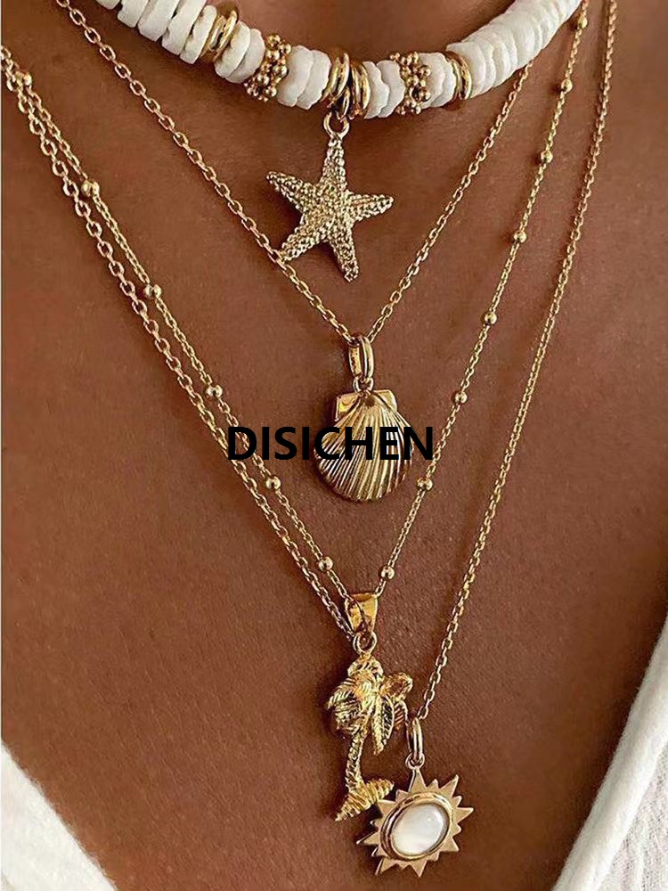 DISICHEN 1Pcs/Set Fashionable New Bohemian Style Soft Clay Necklace Sun Pendant Layered Chain Great for Women's Beach Vacation Bargain price