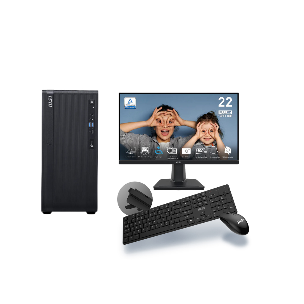 MSI Pro DP180 A14 (14th Gen Intel Core i5-14400, 8GB DDR5 , 512GB SSD, Wi-Fi + BT, MSI 22" Full HD 100HZ Monitor, Keyboard & Mouse)