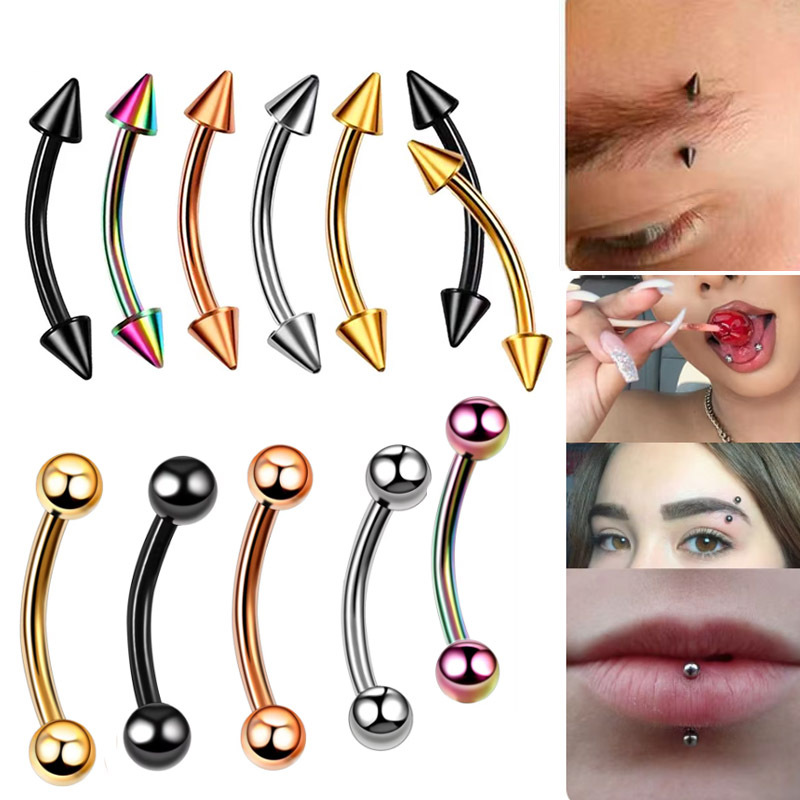 【New arrival】Stainless steel simple titanium steel eyebrow ring curved rod round ball eyebrow stud electroplated color retaining earrings lip ring personalized piercing jewelry