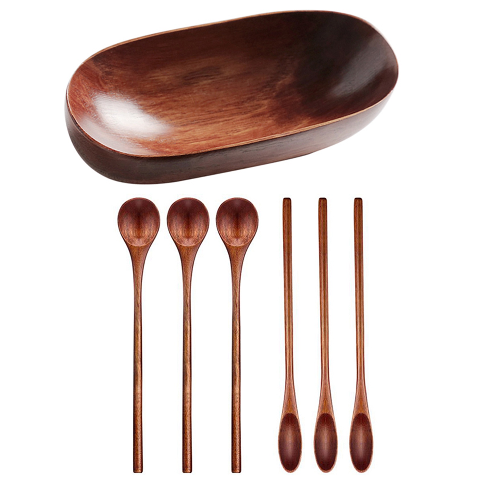 FORIDE 1 Pcs Wooden Dried Fruit Dish Solid Wood Tableware Food Serving Tray & 6 Pcs Long Handle Wooden Mixing Spoon