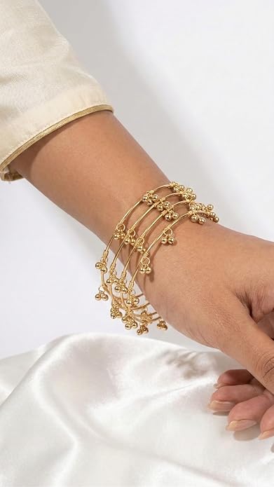 FR-MGS 4 Pieces of Kashmiri Chudi Ghungroo Bangles for Women | Golden Ghungroo Bangles | Traditional Dholki Style Kada | Ethnic Festival Wear | Wedding Jewellery Gift for Women & Girls 4 Ghungru Bangle Chuda