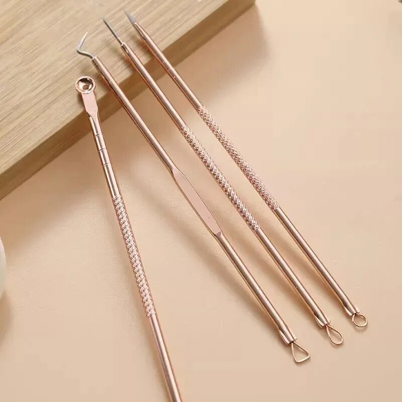 New Rose Gold 4 Pcs Plating Double Head Acne Needle Black Head Removal Needle Portable Beauty Tool Set