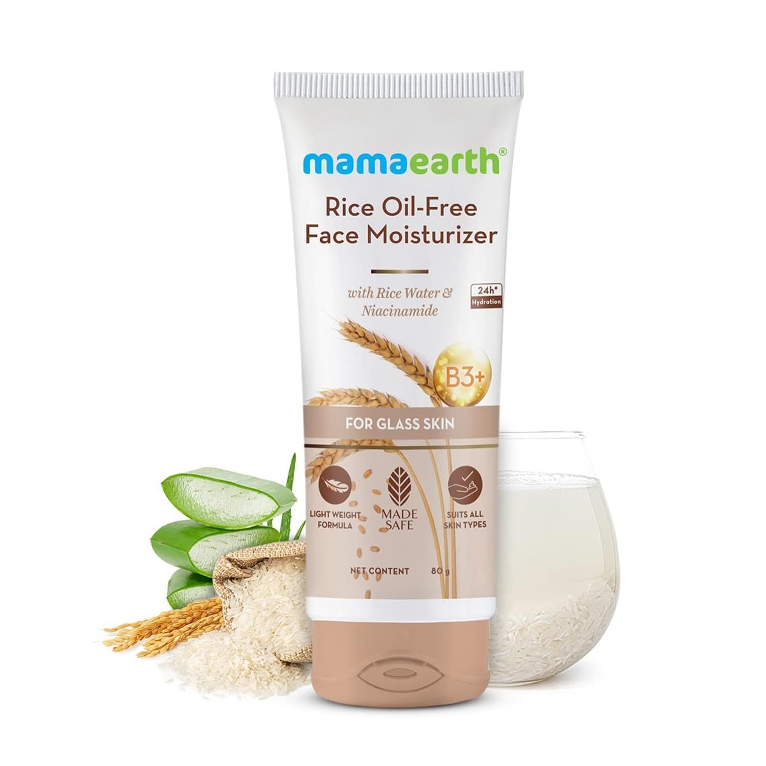 Mamaearth Rice Oil-Free Face Moisturizer with Rice Water & Niacinamide for Oily Skin | Lightweight Hydrating Moisturizer for Glass Skin & Even Tone | Korean Skincare | For Men & Women | 80 g