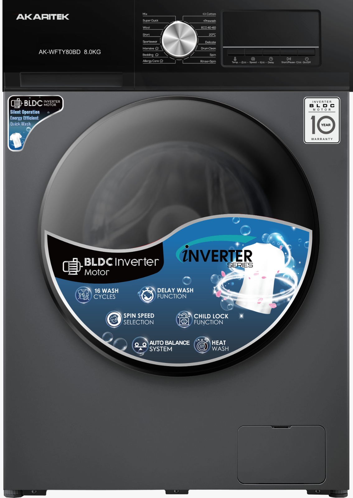 Akaritek 8 KG Front Load BLDC Inverter Motor Washing Machine AK-WFTY80BD - Big Digital + Free Yasuda 6 Liter Air Fryer