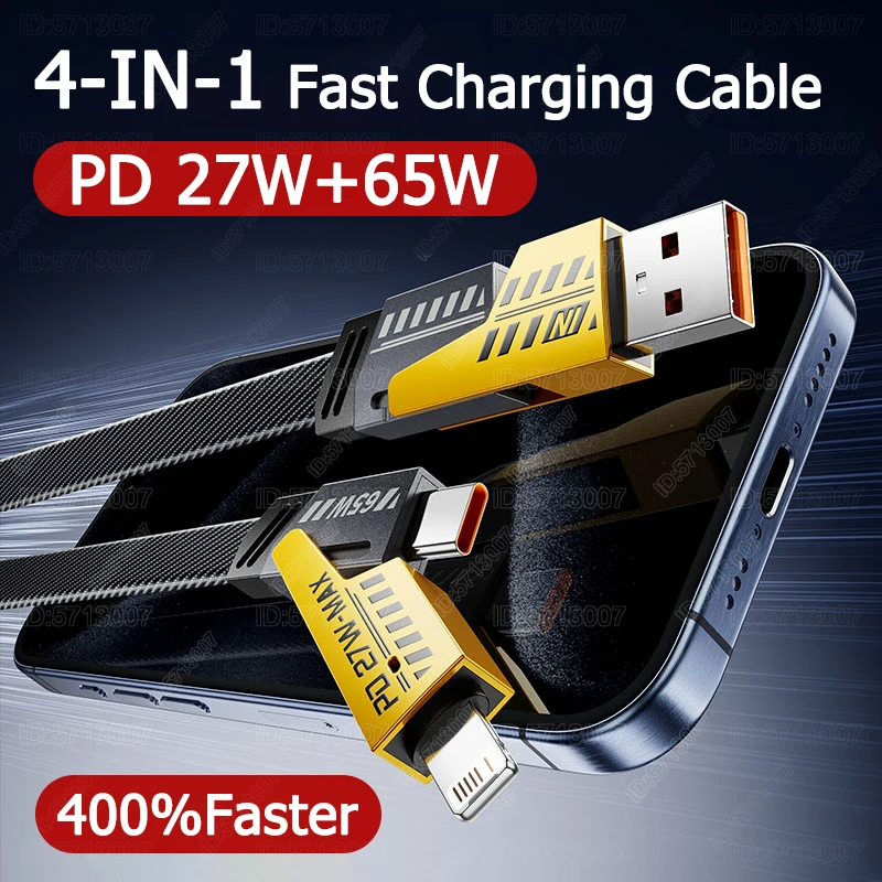 4 In 1 Multi Fast Charging Cable Travel Essentials Nylon Braided Cord USB A/C Port lPhone Charger Cord with Type C Lightning USB lPhone Android Phone With Box
