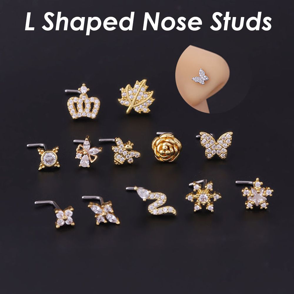 New Fashion Punk Style Unisex Zircon Titanium Steel Nose Nail L Shaped Nose Studs Piercing Jewelry