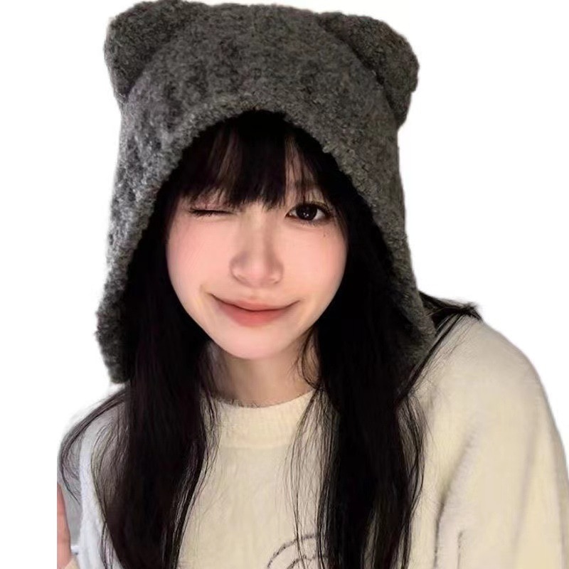 NEW 2023 Spring Winter Cute Safety Bear Hats for Women Hat Solid Warmer Thickened Lamb Fleece Travel Hat Pullover Outdoor Ladies Cap
