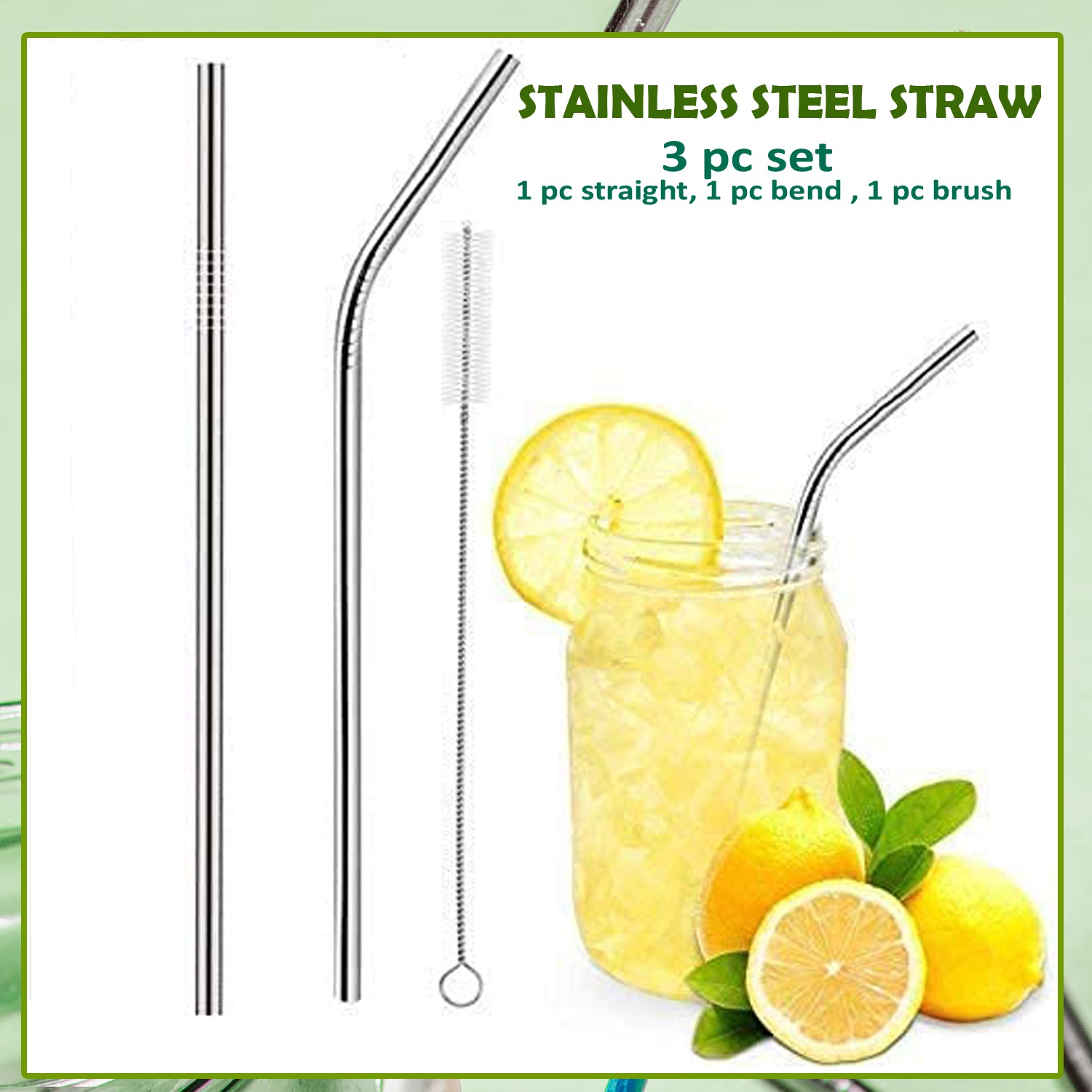 Reusable Stainless Steel Straw With Cleaning Brush - Pack Of 3 (1 Straight 1 Bent 1 Brush ) - Reusable Straws |