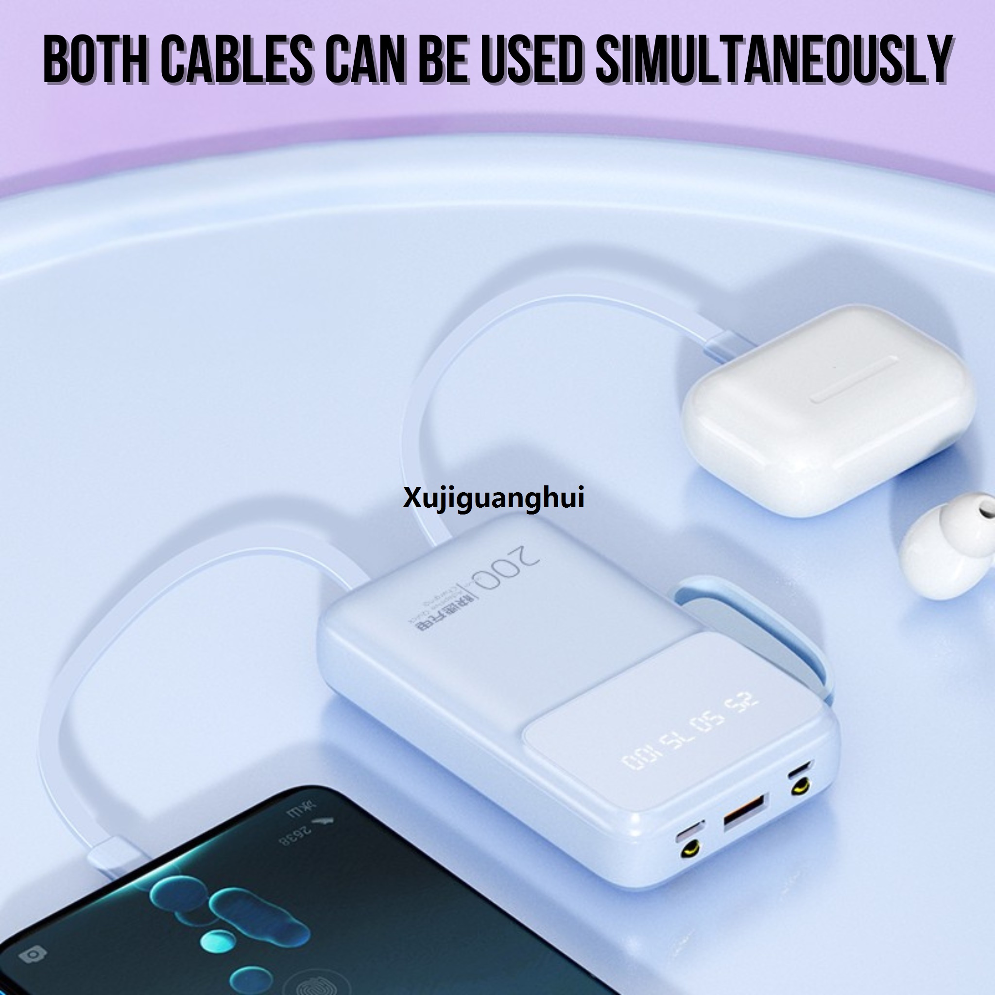 Xujiguanghui Q130 10000mAh Mini Powerbank with Built-in 4 Cables Power Display | Compact Design with LanySpecial ard | Stylish Portable Powerbank by Qtech | Fast Charging for Android, iPhone Other Devices