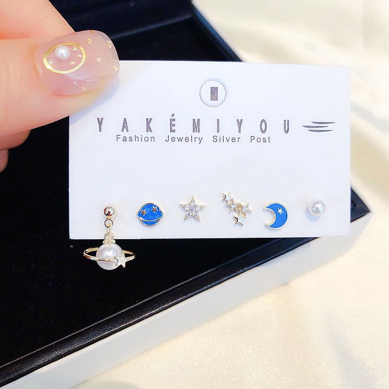 【Happy LifeStore】Cute 6pcs Outer Space Saturn Star Earrings Gold Color Pearl Zircon Stud for Wo