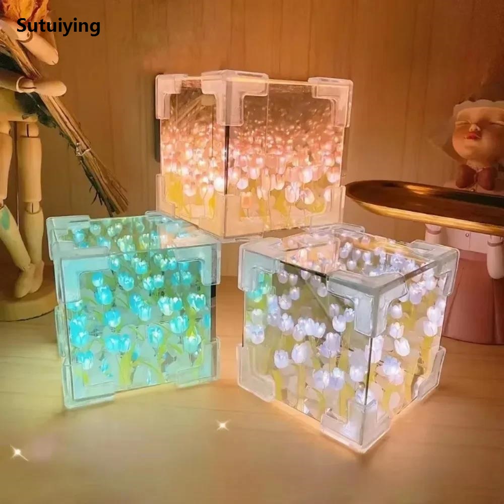 Creative Diy Tulip Flower Sea Cube Three-Dimensional Small Night Lamp Material Package for Girlfriend Couple Girlfriends
