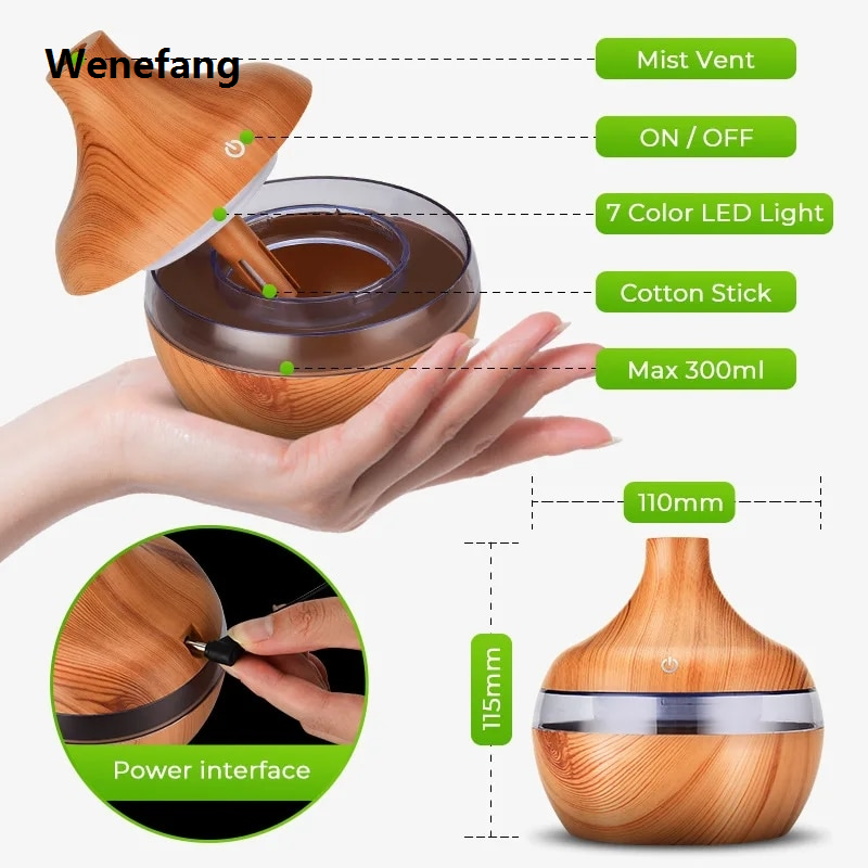 Wenefang 300ml Humidifier Electric Aroma Air Diffuser Wood Ultrasonic Air Humidifier Essential Oil Aromatherapy Cool Mist Maker For Home