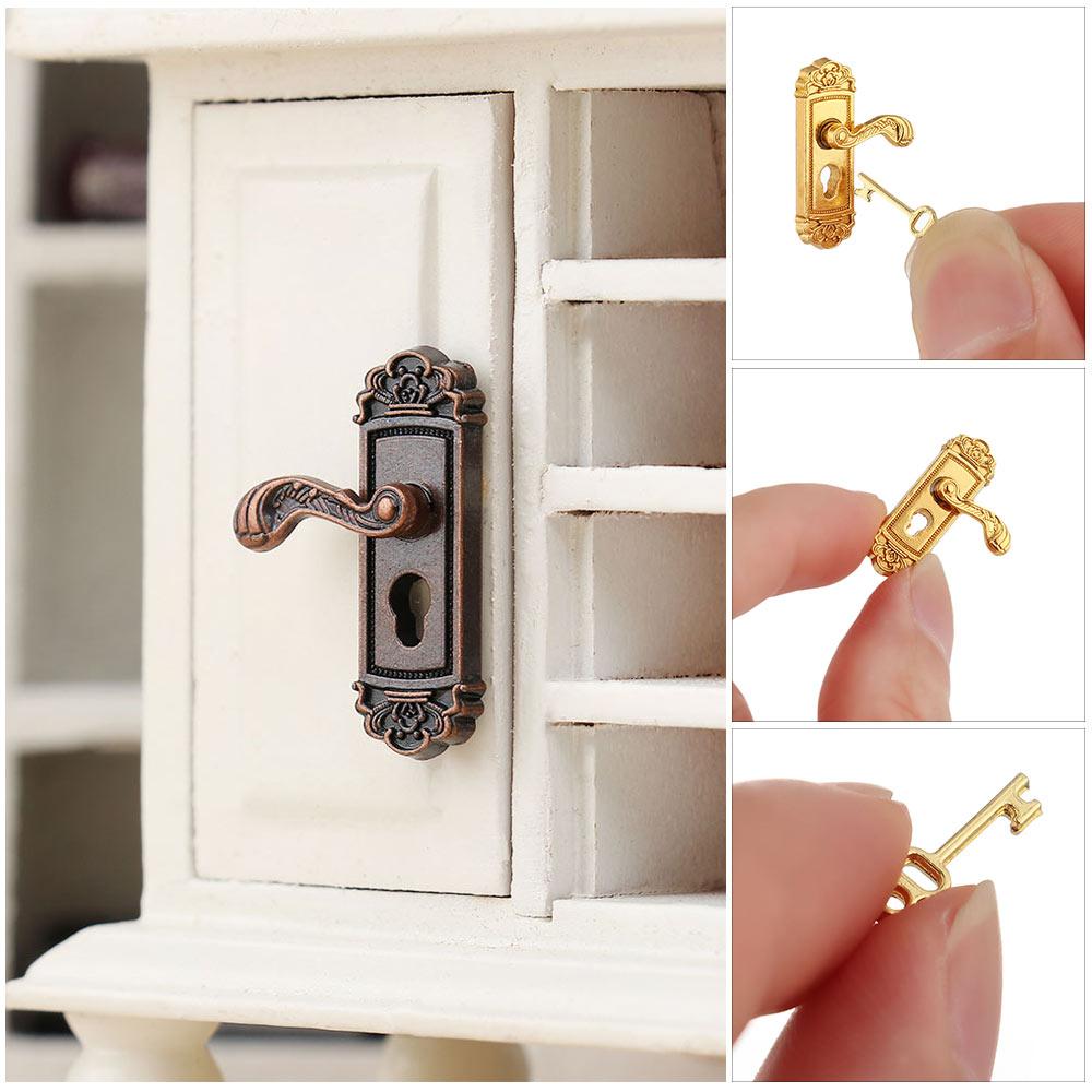 1/12 Scale Metal Toy Retro Style Mini Furniture Pull Brass Knobs Miniature Door Handles Dollhouse Lock Key Set